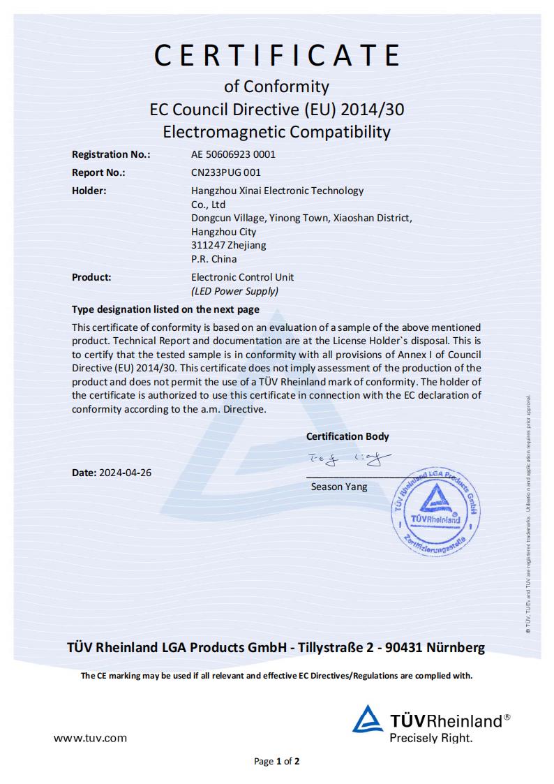ELECTROMAGNETIC COMPATIBILITY CERTIFICATE 