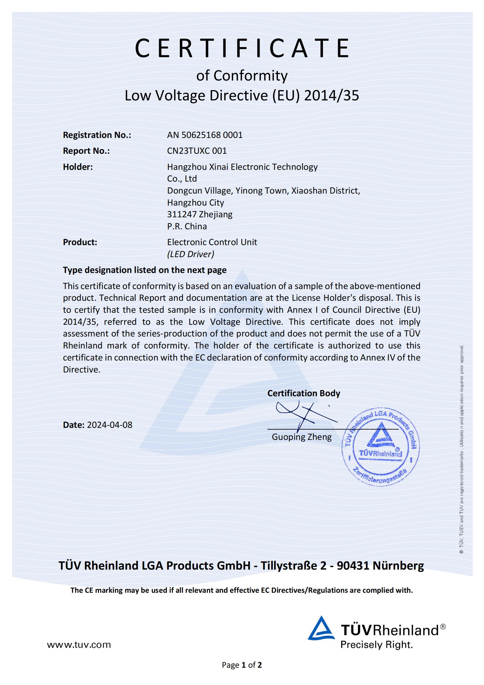 CERTIFICATE of Conformity Low Voltage Directive (EU) 2014/35